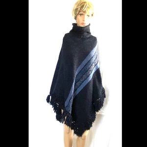 Poncho Fringe Navy & Blue Wool Blend